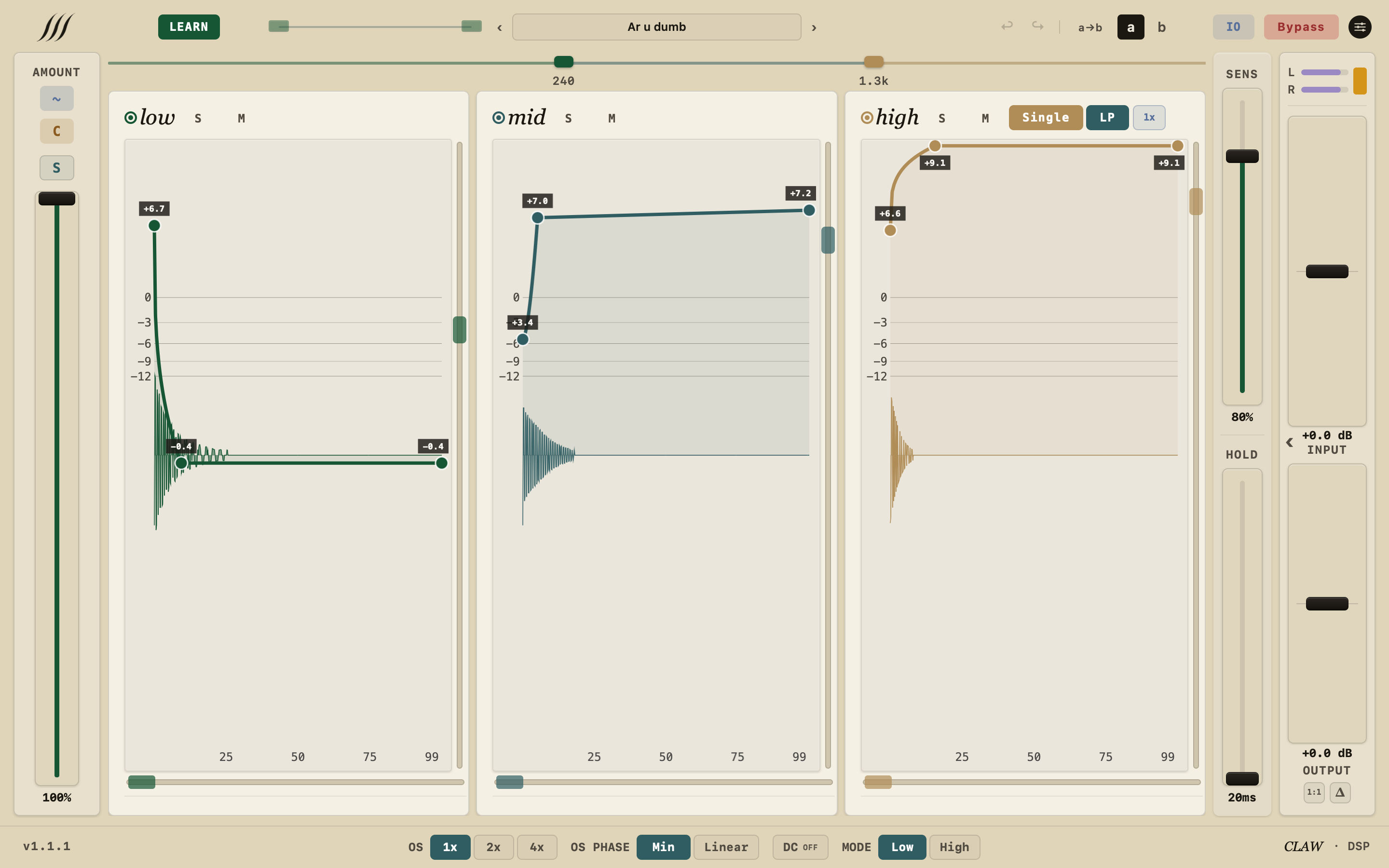 Sketch in 3-band view: low, mid and high panels, each with its own envelope curve over its band's waveform.
